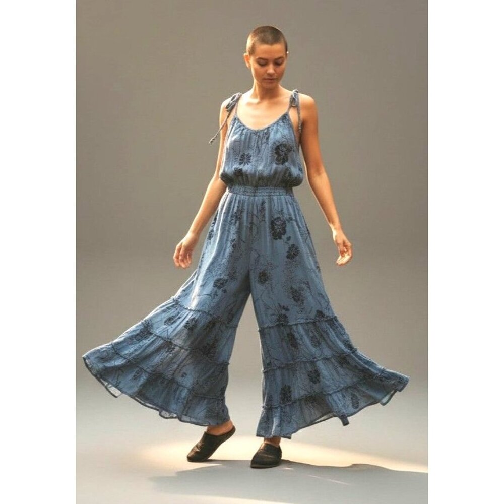 Angie Blue Floral Embroidered Boho Jumpsuit Smocked Wide Leg M Beach Nomad
